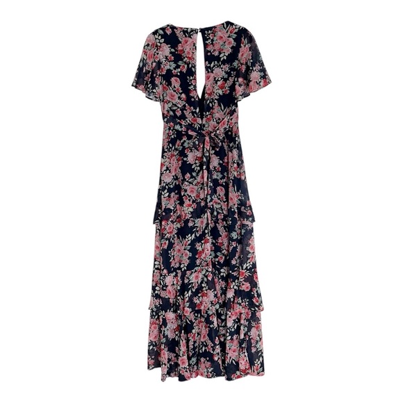 Lulus Navy Floral Maxi Dress Low Plunge Short Sleeve Womens XS - Picture 8 of 11